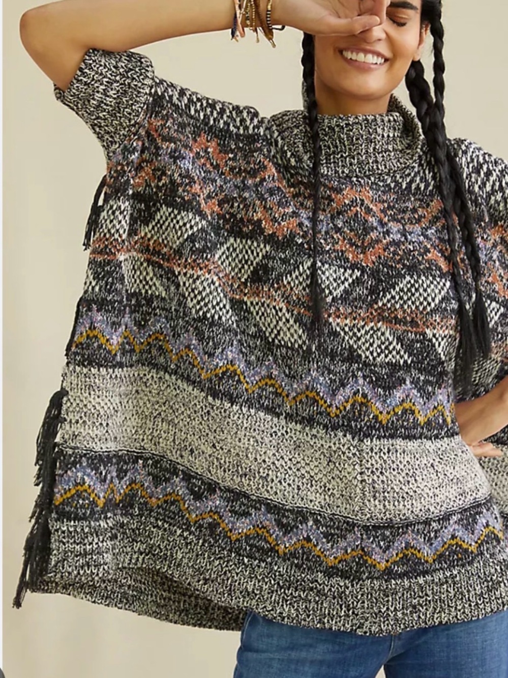 Anthropologie Pilcro Magda Knit Poncho M/L
Boho  Fair Isle Knit Poncho Sweater